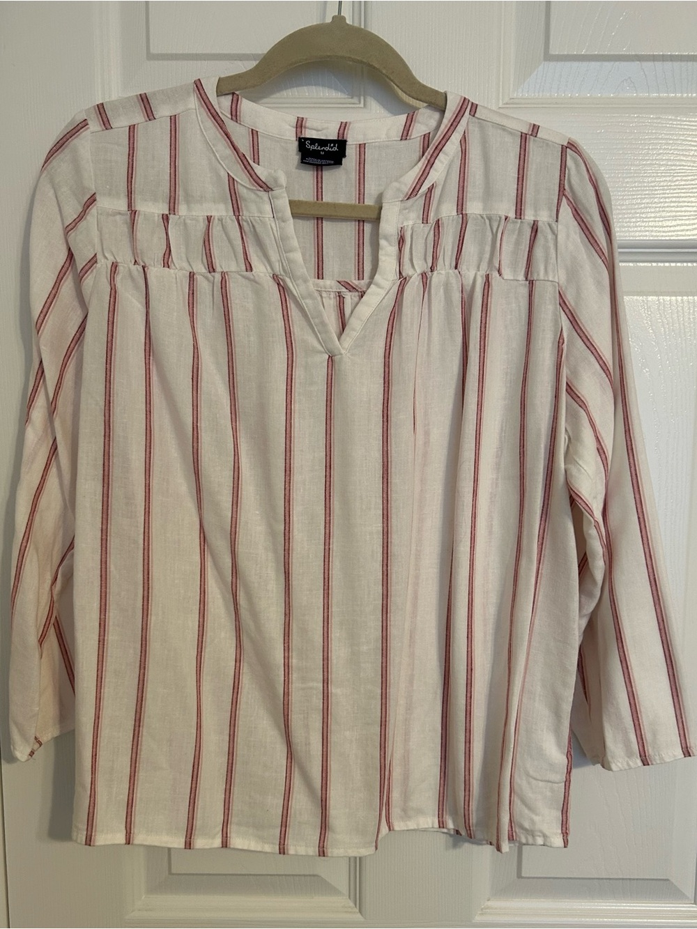 Splendid White Blouse with Red Vertical Stripes